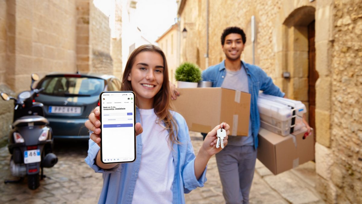 Jeune couple s’installant à Figeac, devant des façades en pierre ; smartphone avec assurance en ligne générique, voiture citadine et scooter à proximité, lumière d’heure dorée.