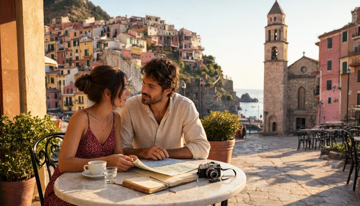 Couple préparant son voyage en Italie avec un travel planner en 2026, carnet de voyage ouvert sur une place de village italien